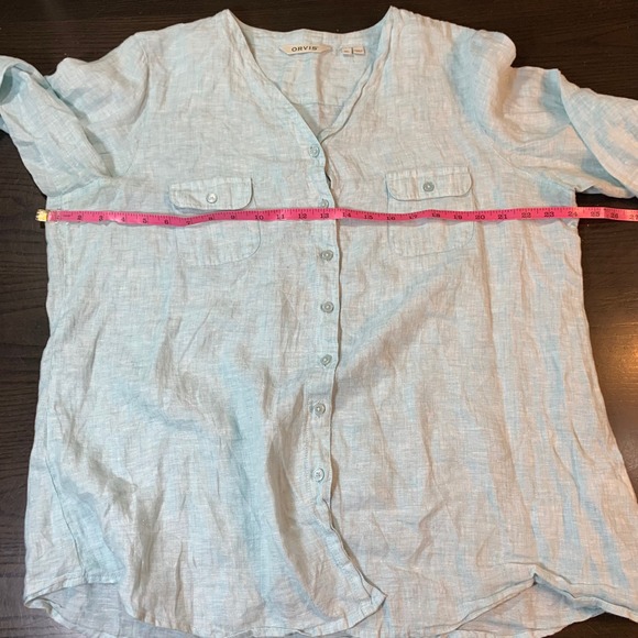 Orvis Womens Button Down Shirt XL Blue Linen 3/4 Sleeve Pockets Casual READ - Picture 8 of 14
